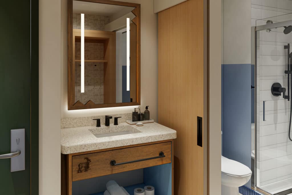 Outbound-Hotels-Park-City-Rooms-Bath Bathroom vanity in a Deluxe King room