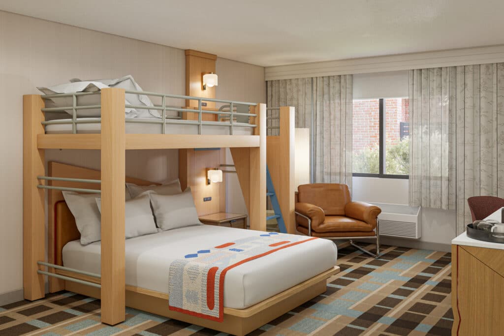 Outbound-Hotels-Park-City-Rooms-Bunk-2 Bunk beds and seating in an alpine-inspired guestroom