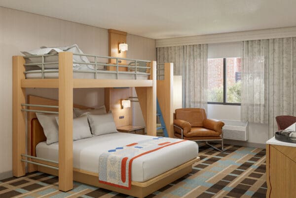 Bunk beds and seating in an alpine-inspired guestroom