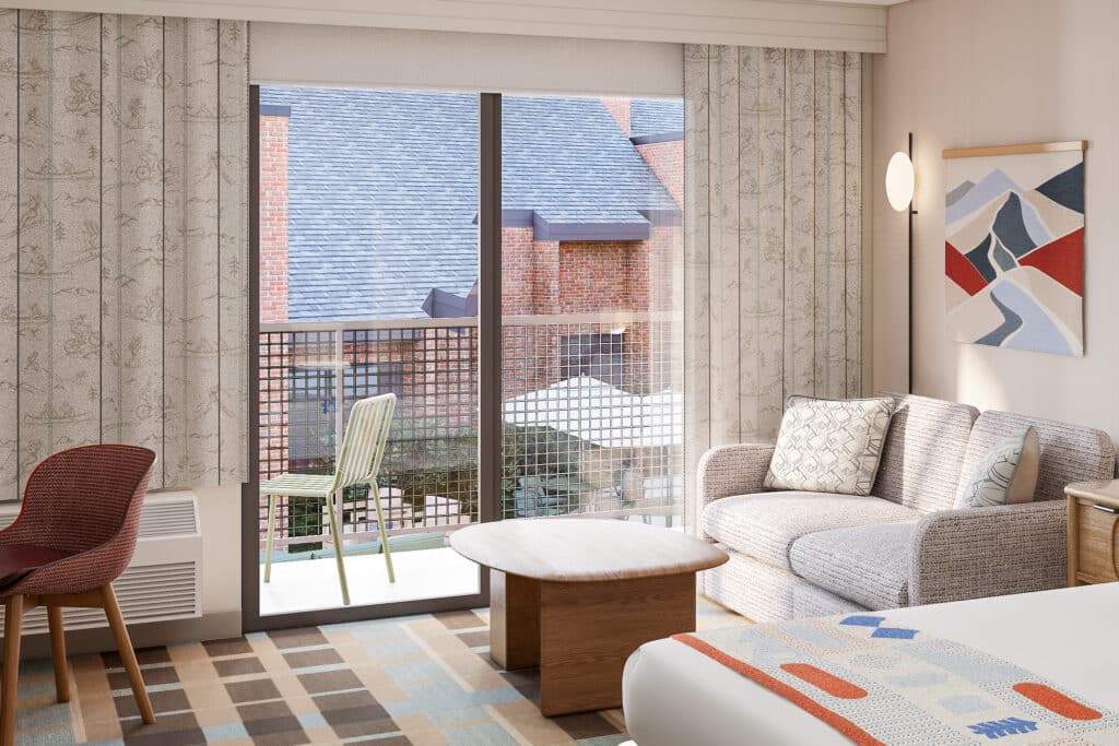 Outbound-Hotels-Park-City-Rooms-King-2 King bed and balcony entrance in a Park City hotel room