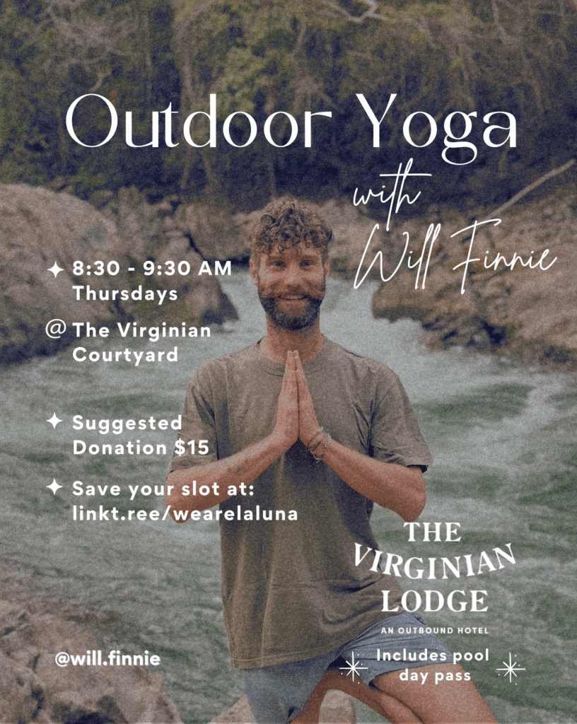 Flyer for the outdoor yoga series Thursdays at our Jackson Hole boutique hotel