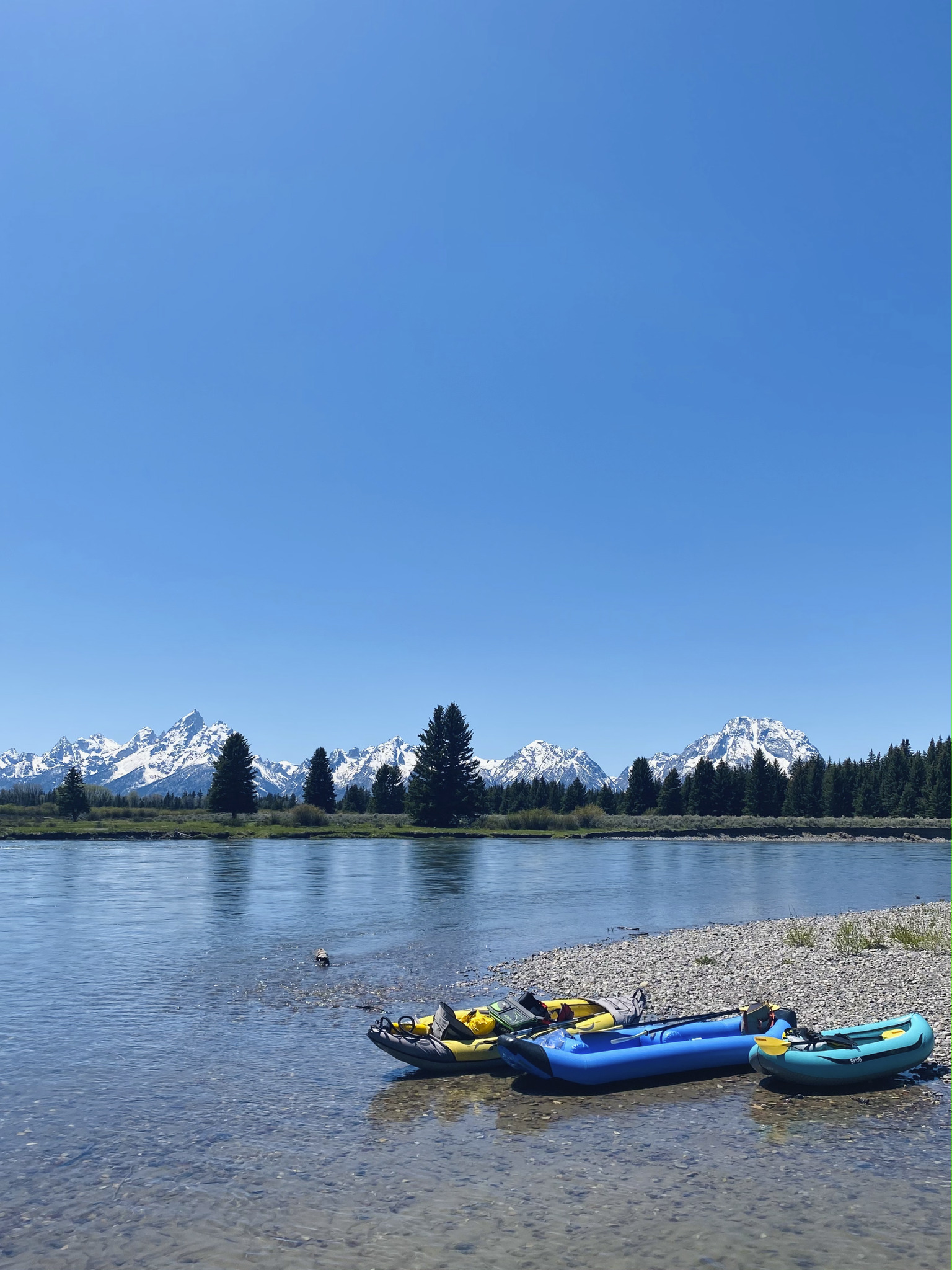 Long trees and snowy peaks frame three colorful rafting boats docking at the river-shore.