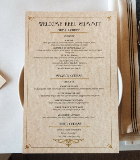 Elegantly designed menu card placed on the plate enhances the table setting appeal.
