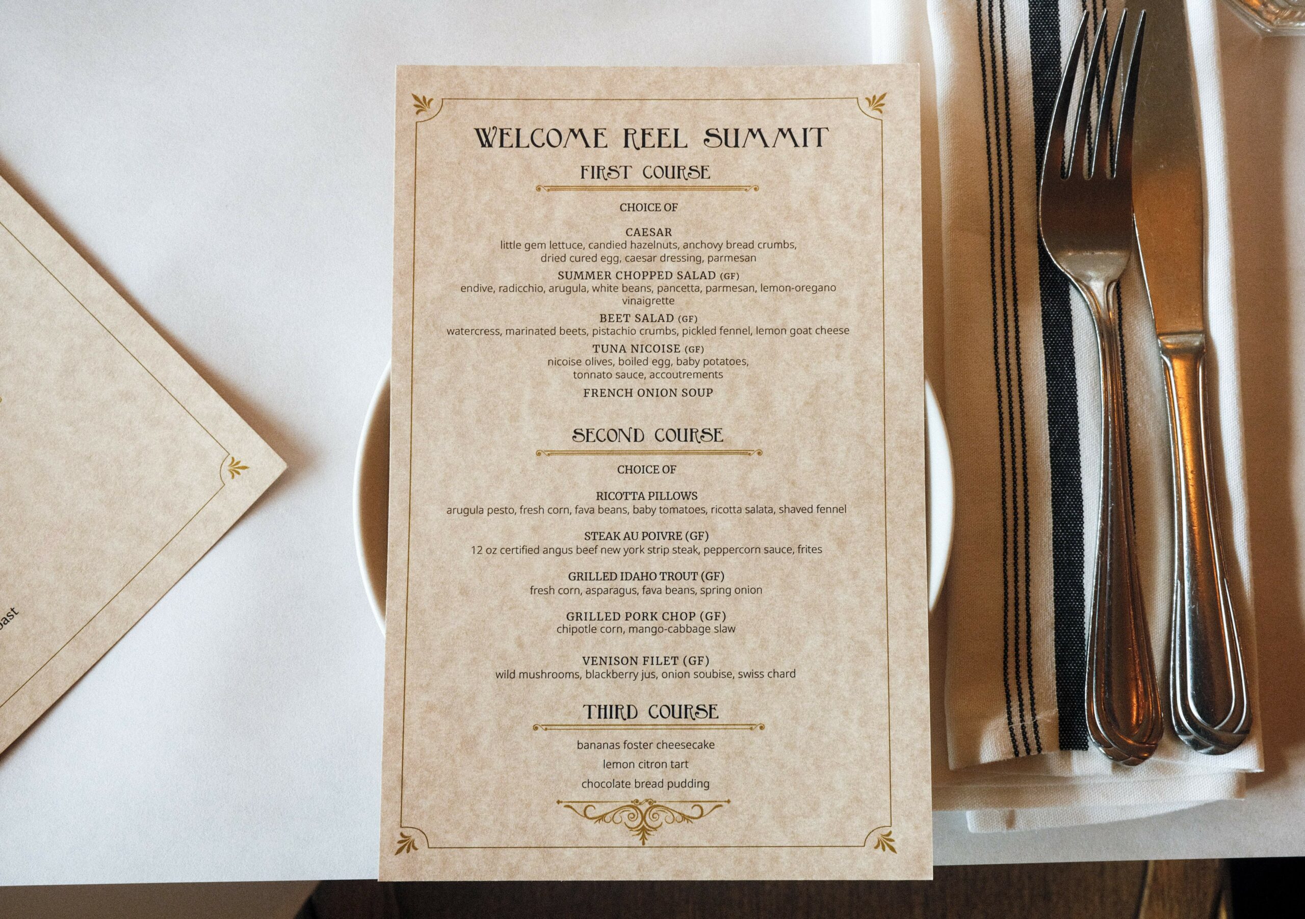 Elegantly designed menu card placed on the plate enhances the table setting appeal.
