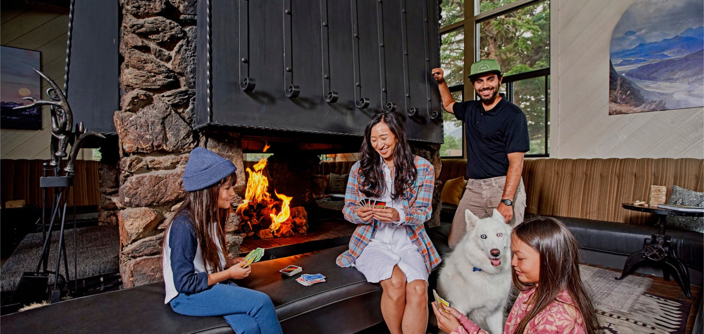 Playing cards by the fireplace